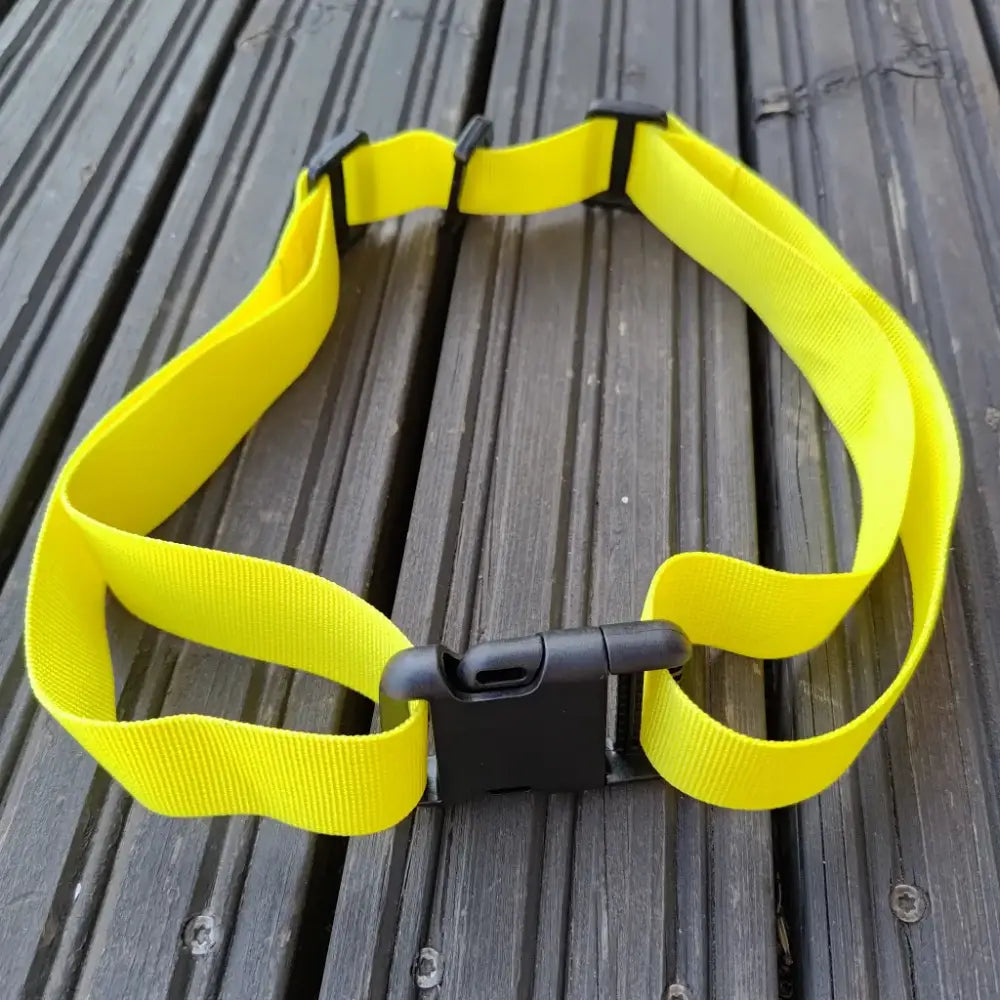 Extension waistbelt and safety strap with bright yellow nylon strap and black plastic buckle for secure fit