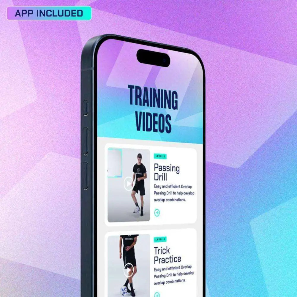 Black smartphone displaying a training videos app for football kick trainer all-level with size 3 blue SenseBall