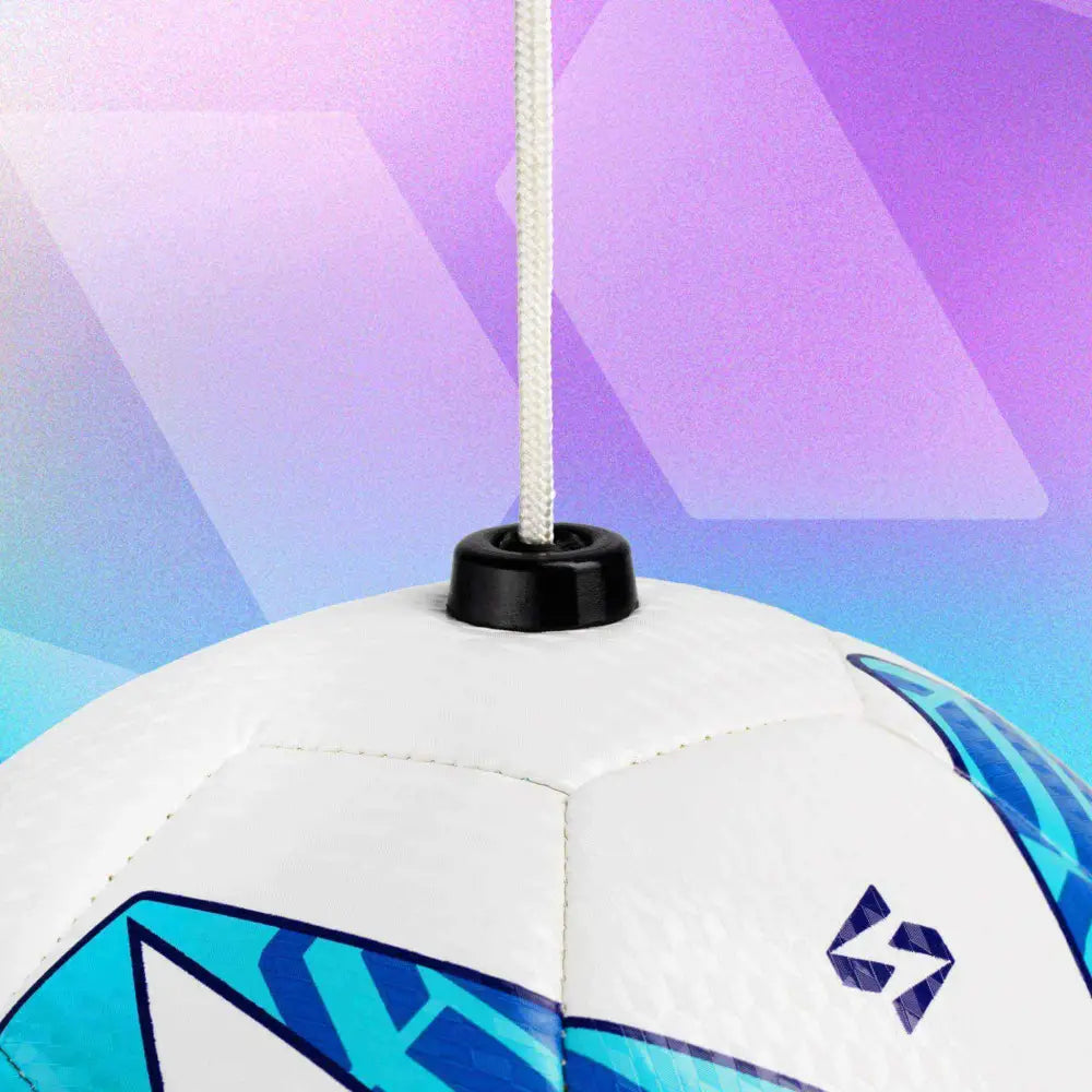 White soccer ball with blue geometric patterns and black top cap for hanging in football kick trainer all-level size 3 ball senseball