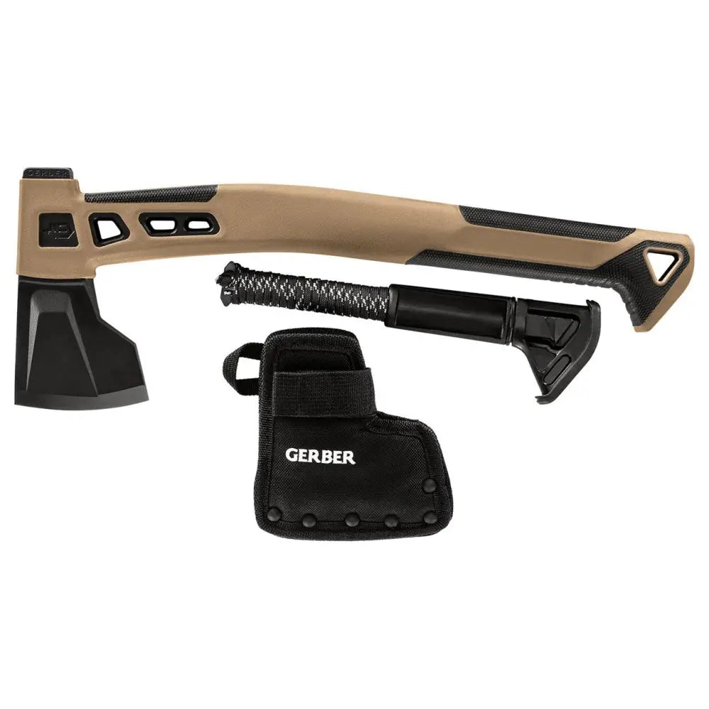 Tan ja musta gerber bushcraft-hatchet taktinen kirves teksturoidulla kahvalla ja mustalla suojakuorella