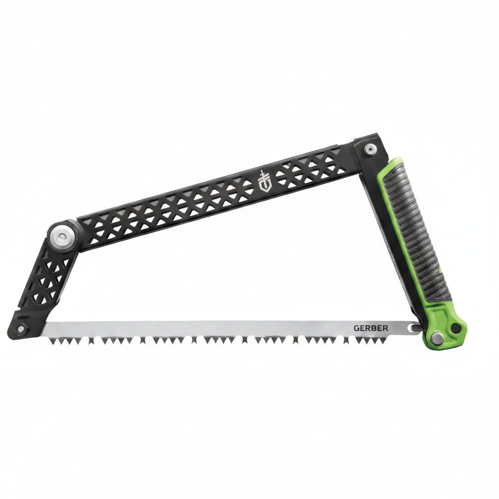 Black and green gerber freescape camp folding saw with textured grip handle designed for outdoor use