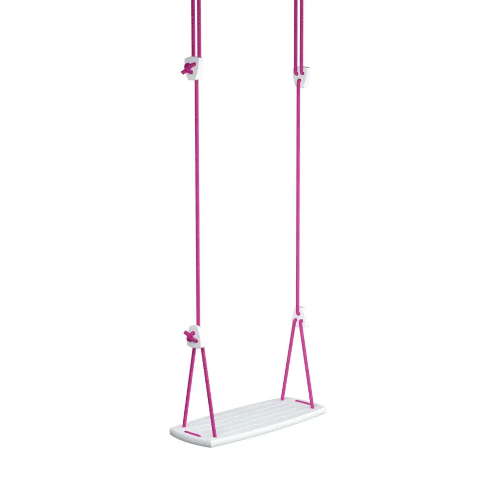 Valkoinen muoviswingi kirkkailla fuksianpunaisilla köysillä ja vastaavilla kiinnikkeillä grand birch fuchsia