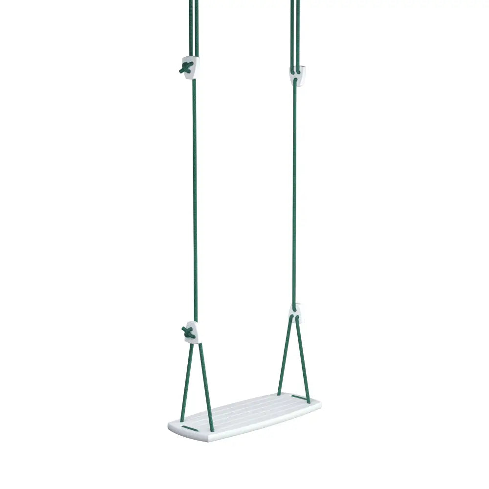White plastic swing with green ropes and white metal hardware from grand birch green product line
