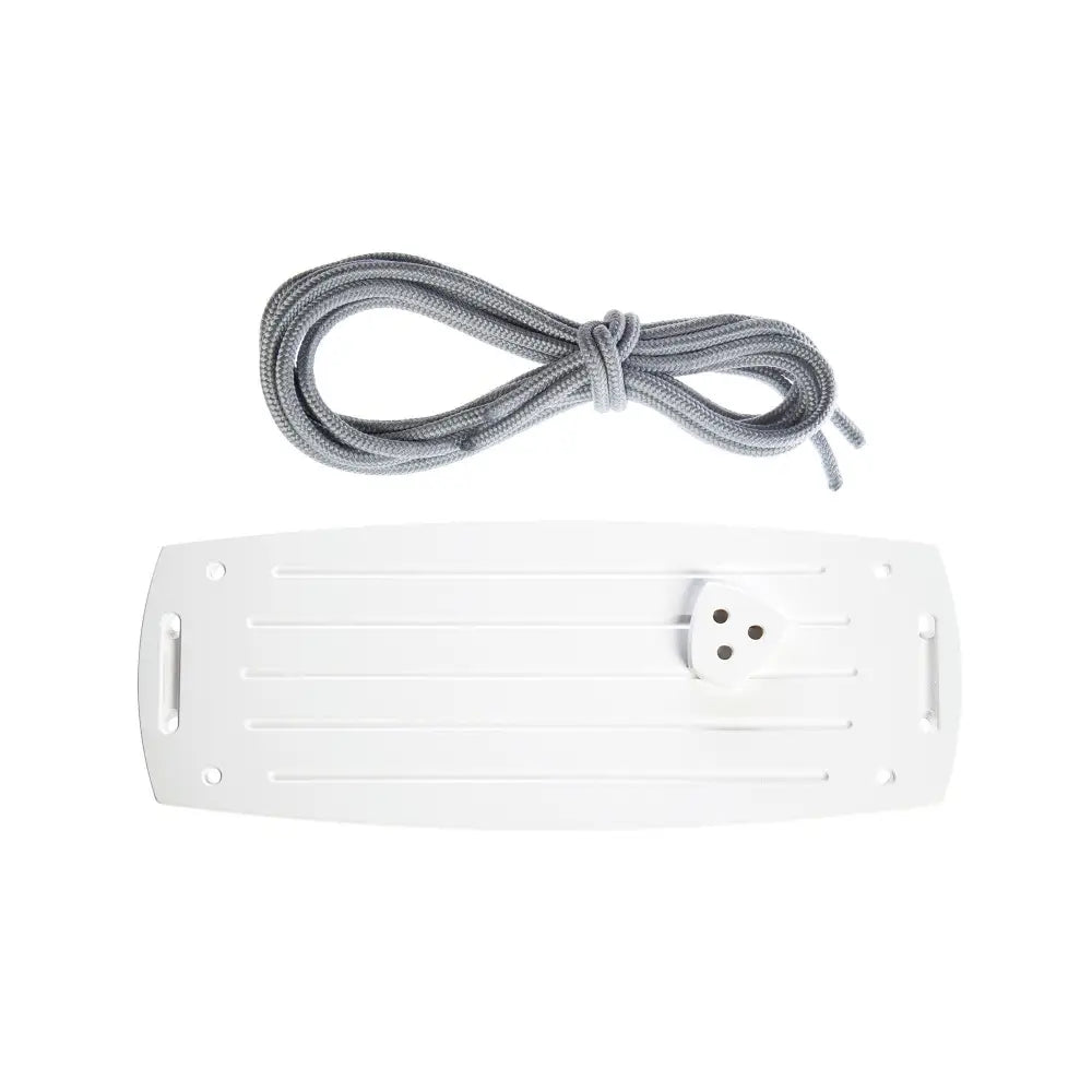 White plastic surfboard leash attachment with grey braided cord from grand birch grey product line