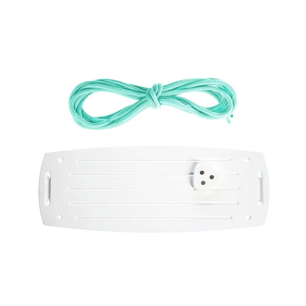 White plastic surfboard leash attachment with mint green cord from grand birch mint collection