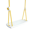 White plastic grand birch swing with yellow ropes and matching yellow handles for outdoor use