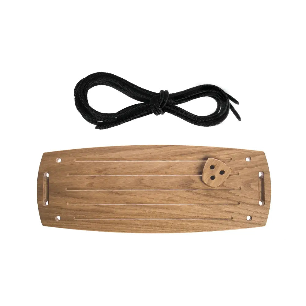 Light brown oak boat deck with black braided rope and small wood piece with three holes from grand oak black series