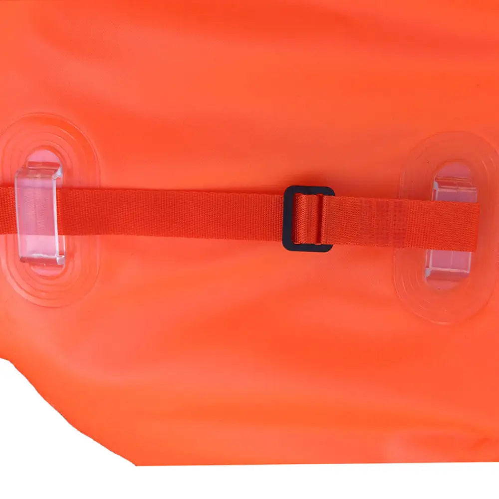 Bright orange inflatable h2o swim buoy life vest with red strap and black buckle for water safety