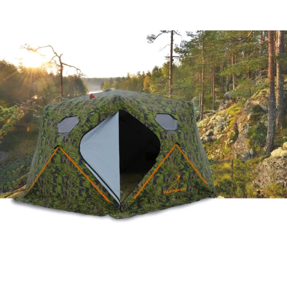 Haghus bushman 3xl metsästysteltta camo-kuviolla, oranssilla reunuksella ja harmaalla verkkoikkunalla