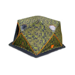 Haghus bushman 3xl metsästysteltta vihreä ja musta maastokuvioisella kalastusmajalla oranssilla reunuksella