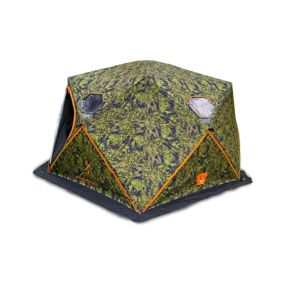 Haghus bushman 3xl metsästysteltta vihreä ja musta maastokuvioisella kalastusmajalla oranssilla reunuksella