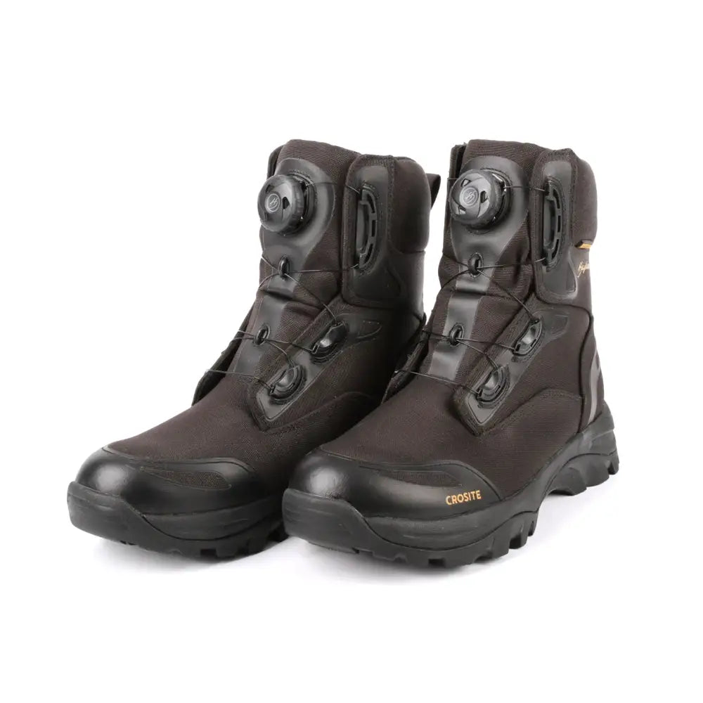 Dark brown Haghus Crosite Maiharit tactical boots with black rubber soles and circular dial closures