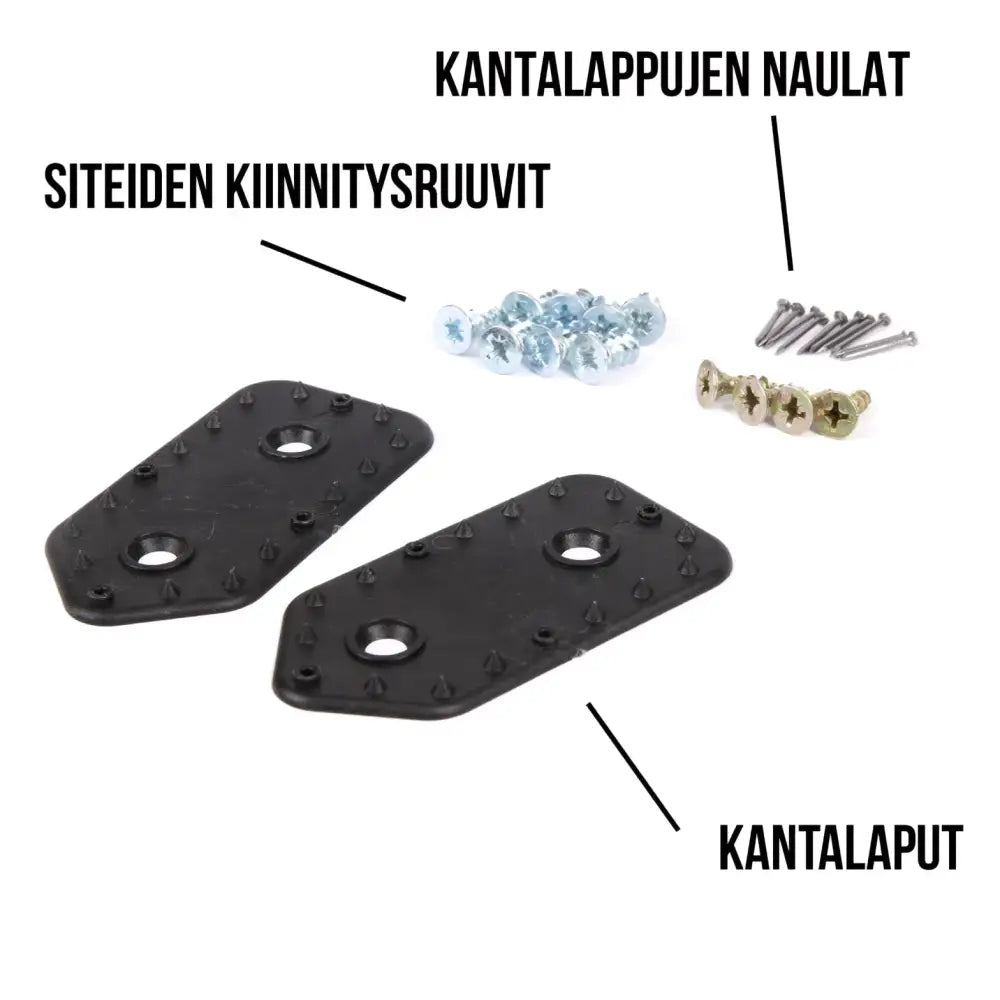 Musta muovinen haghus eräside -kiinnityslaatta teksturoidulla pinnalla ja keskireiällä metsäsuksille ja lumikengille
