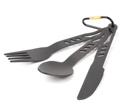 Musta metalli kevyet ruokailuvälineet carabineriin kiinnitettävällä klipsillä retkeilyyn haghus merkiltä