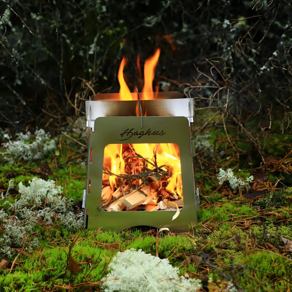 Olive vihreä metallinen hägus pieni risukeitin 12x13x16,5 cm suorakulmainen design näkyvillä liekit sisällä