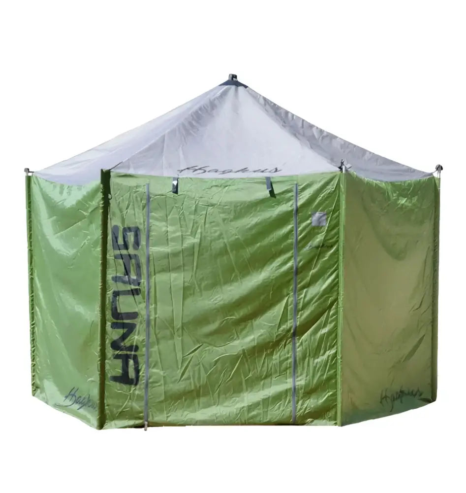Vihreä ja valkoinen haghus telttasauna combo portable sauna telttasaunapakettina saunalla sivulla