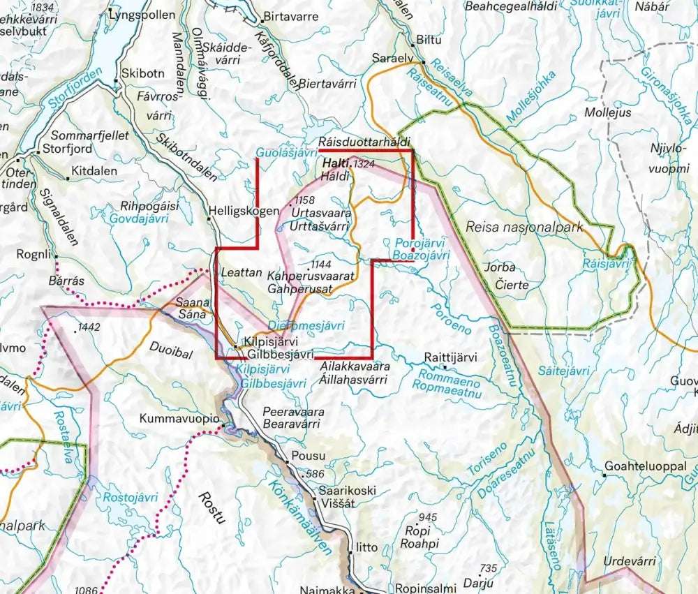 Kartta haltin reitti 12500 korostaa punaisella raisuuttaarhadi aluetta reisa kansallispuistossa key locations mukana