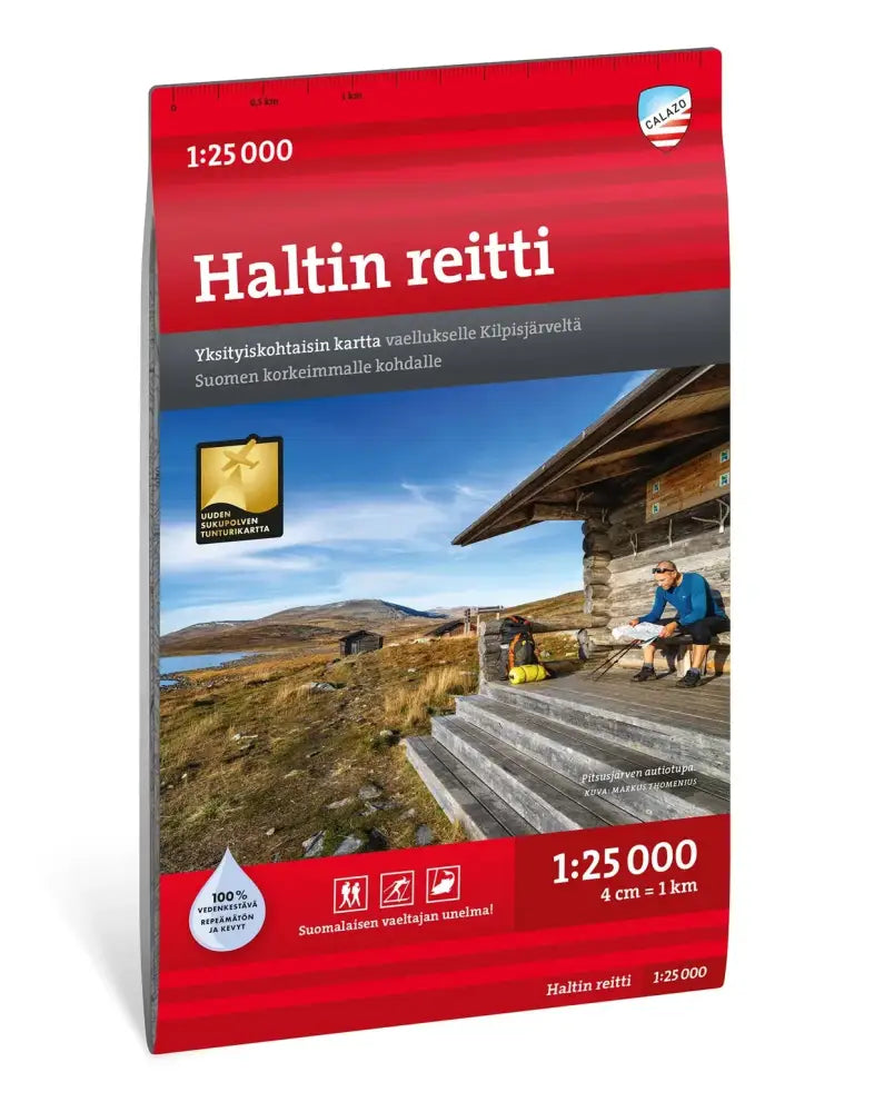 Kartta haltin reitti 1 25 000 punaisella ja harmaalla värillä, ulkoilumaisema ja retkeilijöitä metsässä puumajalla