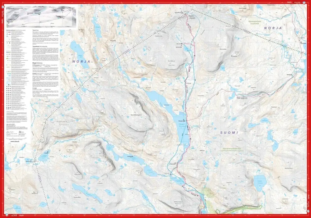 Detailed topographic map haltin reitti 1 25 000 showing mountainous norway and finland with lakes trails and borders