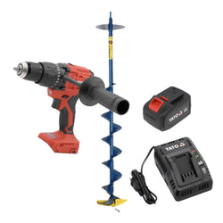Punainen ja musta yato akkuporakone 120nm 9ah ja sininen kiertävä jääkaira heinola ak jääkaira varten