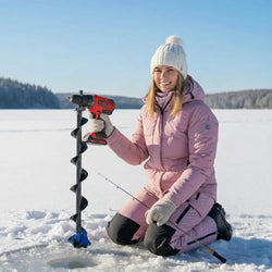 Punamusta langaton jääkairapaketti Heinola Lady 80cm sinisellä jalustalla Yato 120Nm 6Ah akkuporakoneella