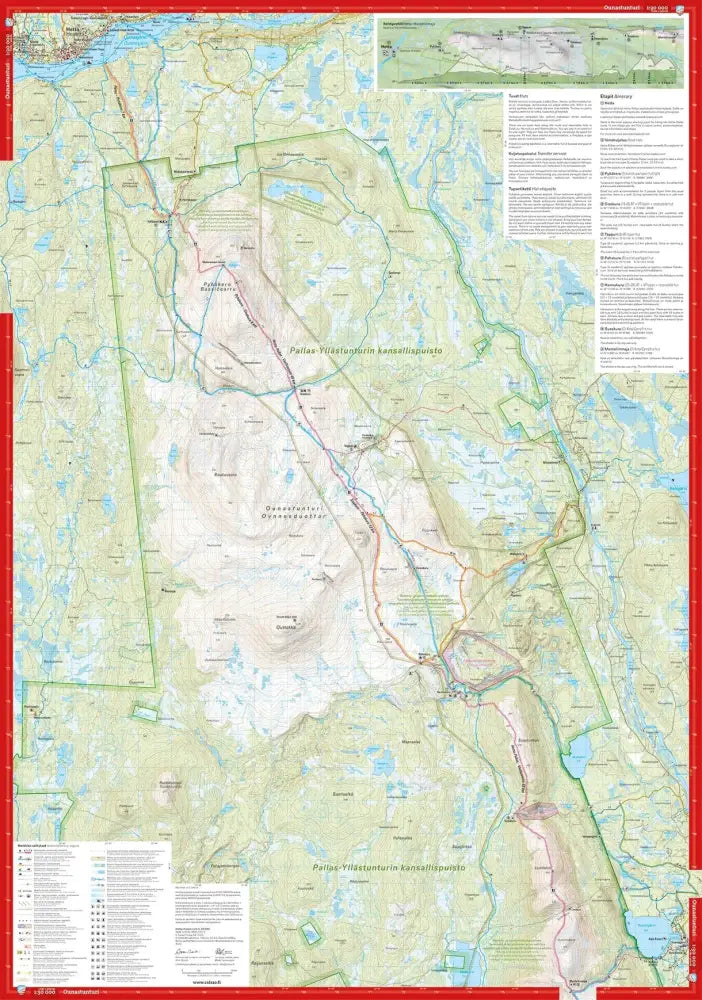 Detailed topographic map hetta–pallas-reitti 1:30 000 with red border green and beige terrain blue water and labeled trails