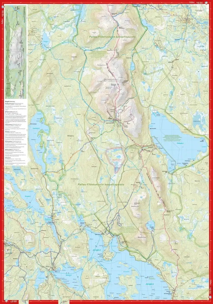 Topografinen kartta hetta–pallas-reitti 1:30 000, yksityiskohtainen, vaaleanvihreä maasto, siniset vesistöt ja punainen reunus