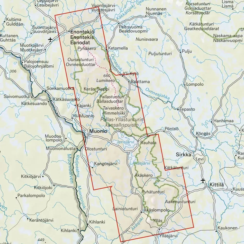 Kartta hetta pallas ylläs 1 50 000 korostaa kahta aluetta suomessa punaisilla ja vihreillä rajoilla enontekiö ja sirkka