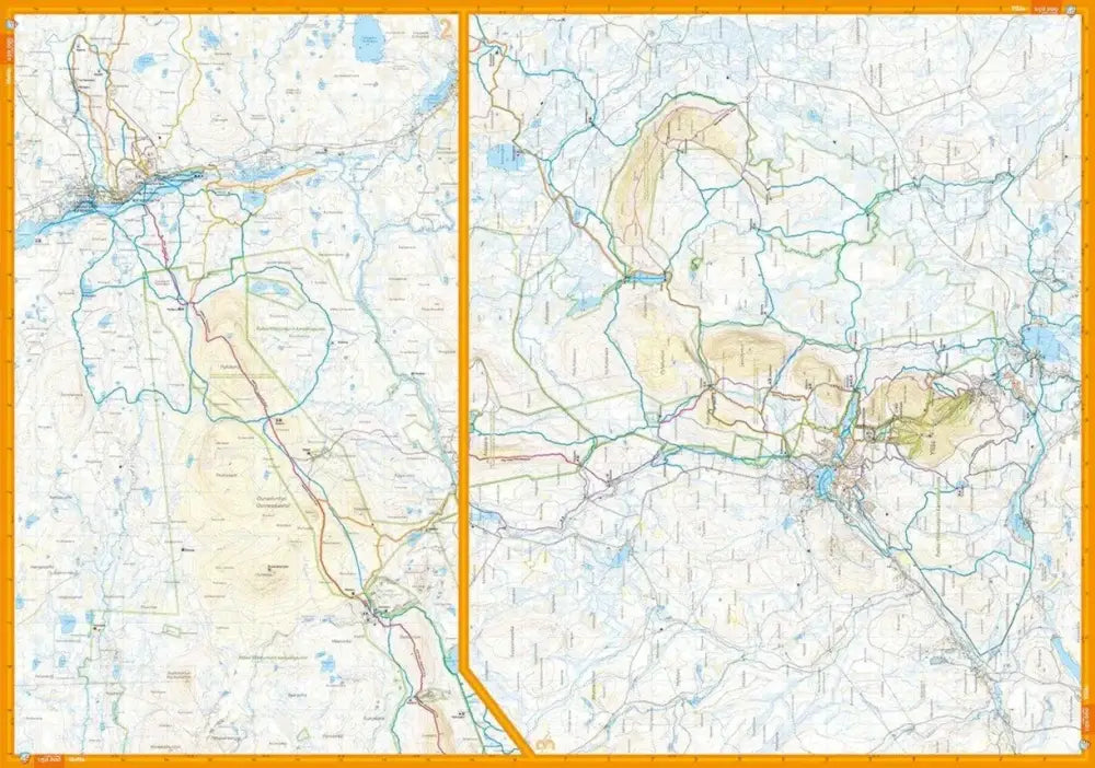 Topografinen het­ta pallas ylläs 1 50 000 kartta oranssiraameilla ja yksityiskohtaisilla maasto sekä vesistömer­kinnöill­ä