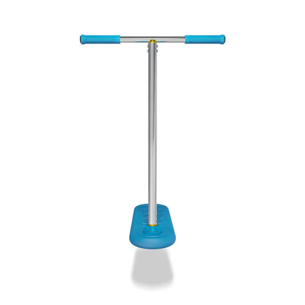 Indo pro sininen ja hopeinen t-muotoinen pogo-tikku ergonomisilla kahvoilla