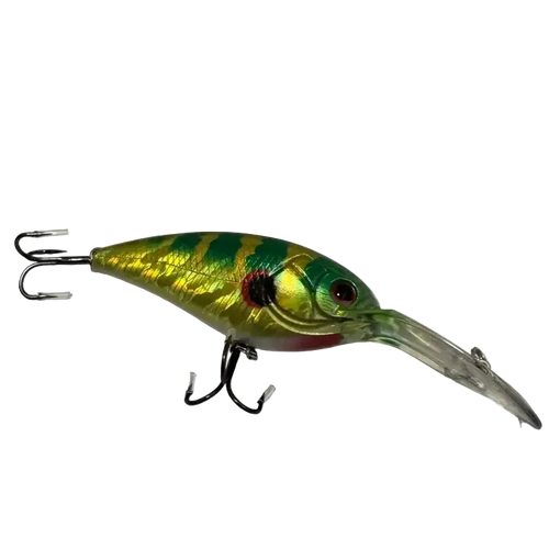A shiny metallic green and yellow käärijä wobbler fishing lure designed for suurahven 7.5cm 24g