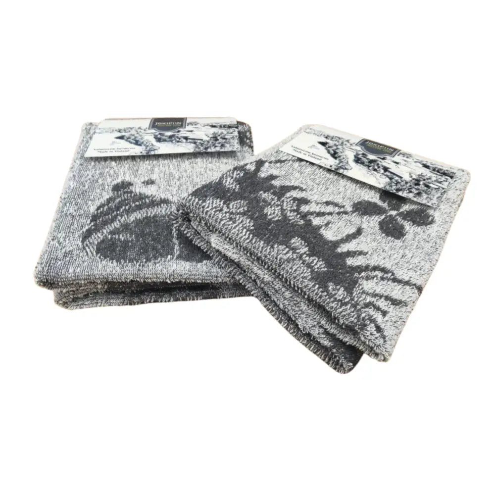 Gray and black embroidered linen kitchen towels with textured woven fabric design käytössä jokipiin pellava käsipyyhe