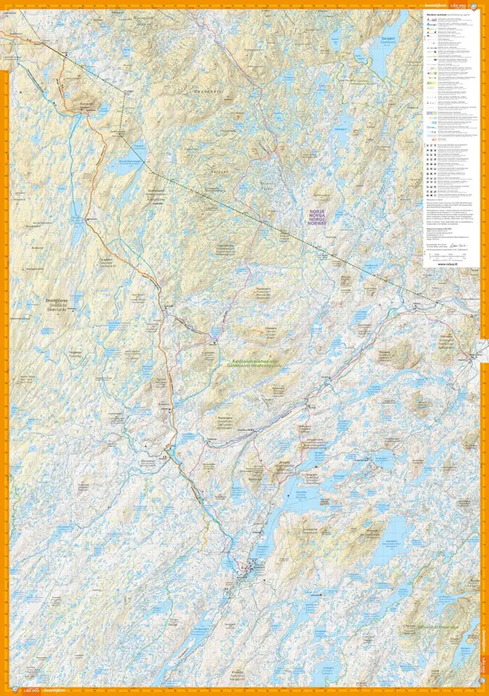 Kaldoaivin erämaa 1:60 000 yksityiskohtainen topografinen kartta jossa oranssi reuna vaaleanruskealla maastolla ja siniset vesistöt