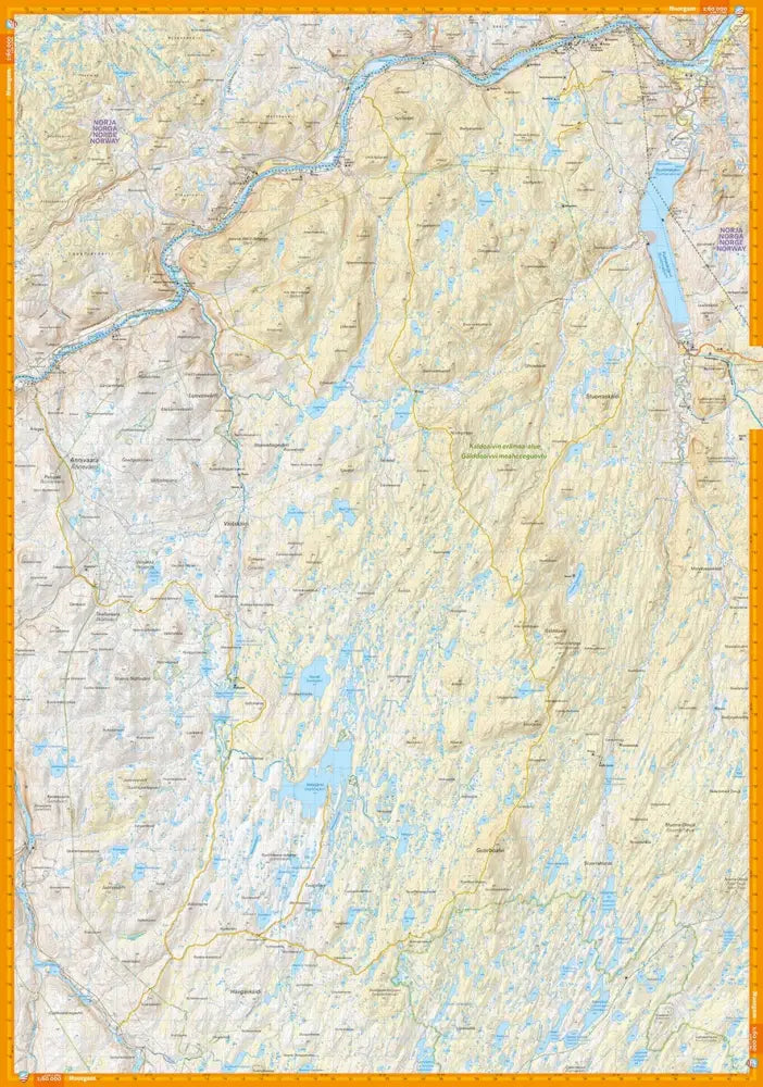 Kaldoaivin erämaa 1 60 000 topografinen kartta jossa beige maasto siniset vesistöt ja oranssit rajat