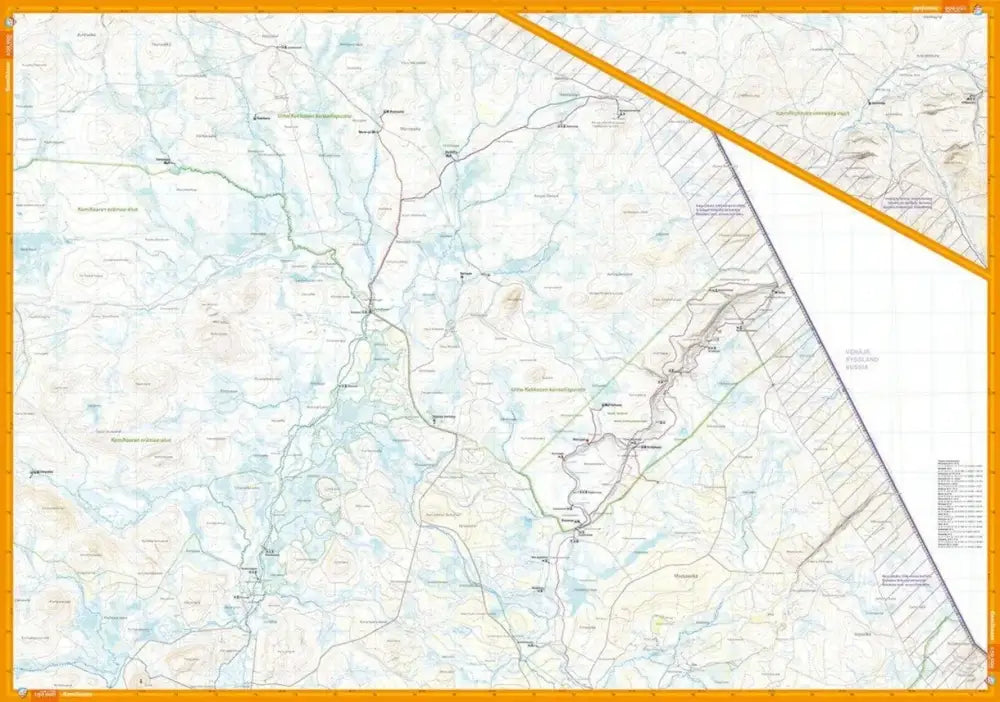 Kemihaara Tuntsa Värriö 1 50 000 tarkka topografinen kartta vaalean sinisillä ja beige sävyillä oranssilla kehyksellä