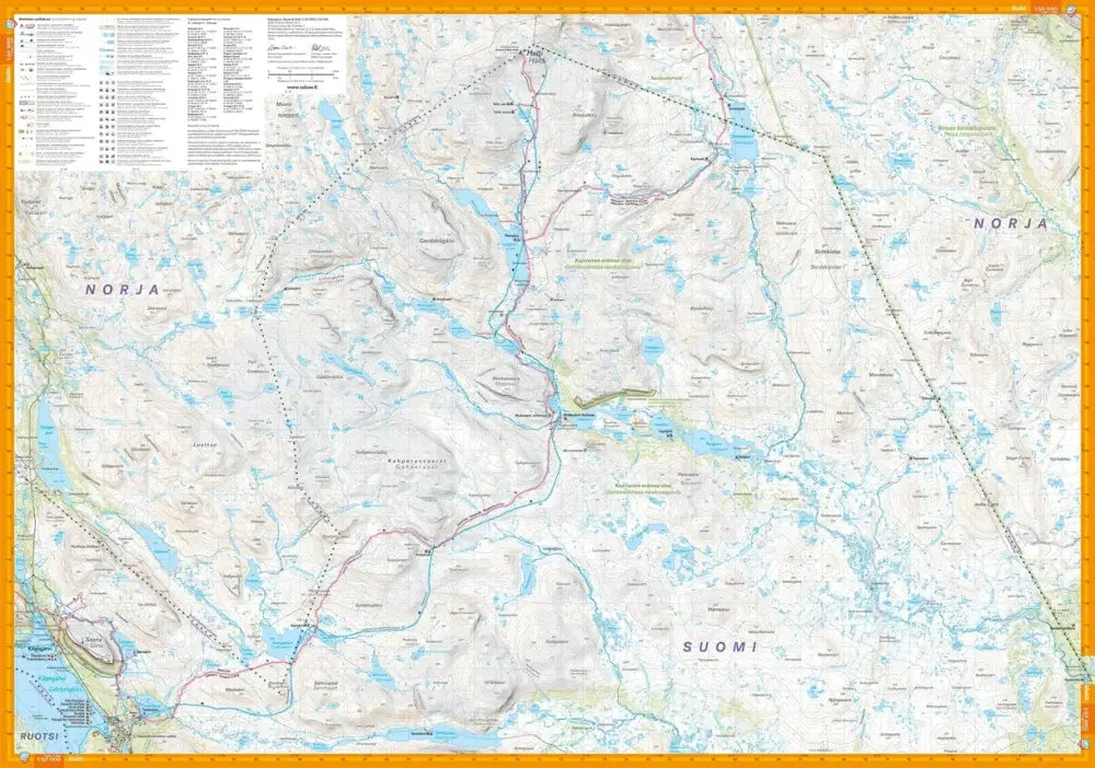 Detailed topographic map kilpisjärvi saana halti with contour lines lakes rivers and national borders in muted earth tones