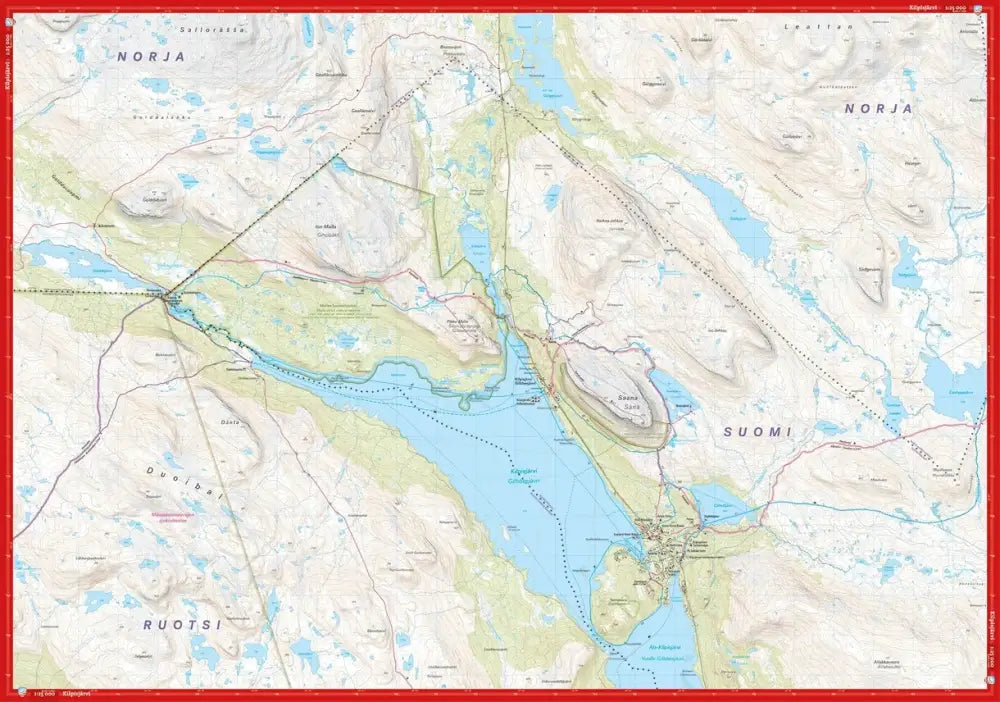 Yksityiskohtainen topografinen kartta kilpisjärven, saanan ja haltin rajaseudusta norjan, suomen ja ruotsin rajalla