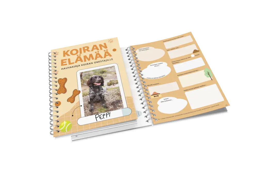 Spiral-bound beige notebook titled koiran elämää with dog bone and tennis ball illustrations for dog diary use