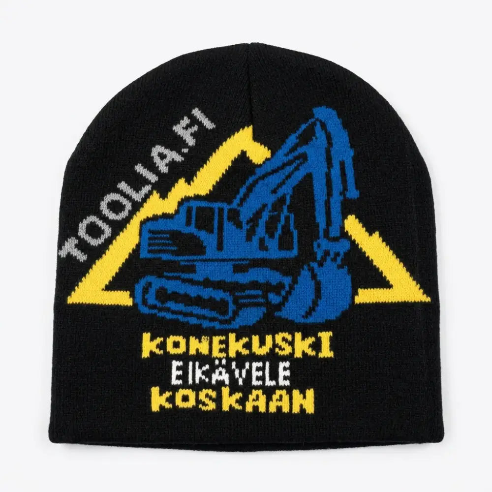 Musta neulottu konekuski ei kävele koskaan pipo sinisellä kaivinkonekuviolla ja keltaisilla kolmioilla
