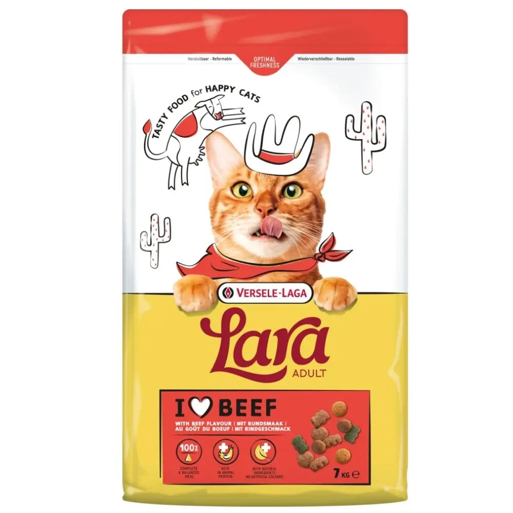 A vibrant yellow and red bag of versele-laga lara adult cat food with beef flavor featuring a cartoon orange tabby wearing a cowboy hat and bandana titled lara adult beef flavour täysravinto aikuisille kissoille 7 kg