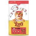 A vibrant yellow and red bag of versele-laga lara adult cat food with a playful orange tabby illustration for adult cats