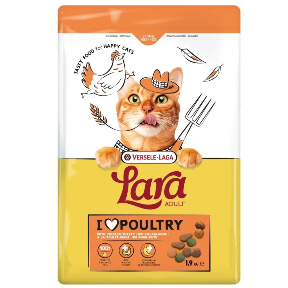Lara adult kissanruoka täysravinto aikuisille kissoille turkilla ja kananlihalla oranssi keltainen pakkaus cowboy-hattuinen piirretty kissa haarukkaa pitelemässä