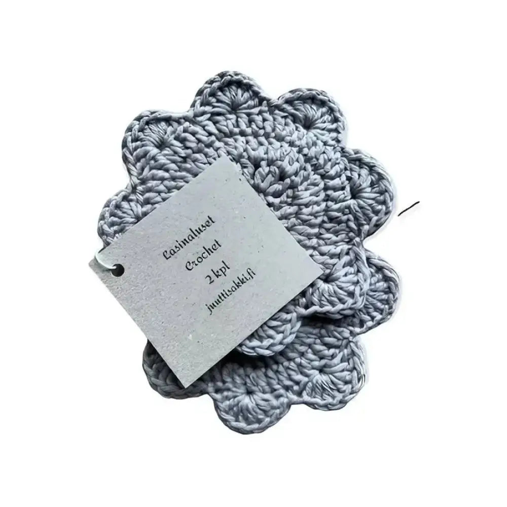 Lasinalunen crochet harmaa käsityönä virkattu lasinalunen aaltoilevalla reunuksella