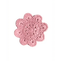 Delicate pink crocheted flower-shaped coaster with textured scalloped edge named lasinalunen pipari