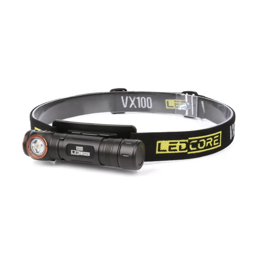 Ledcore vx100 ladattava otsavalo 1000lm mustalla mattapinnalla ja keltaisella säädettävällä hihnalla