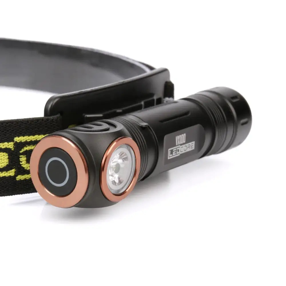 Ledcore vx100 ladattava otsavalo mustana kuparin sävyisin yksityiskohdin ja säädettävällä mustalla remmillä