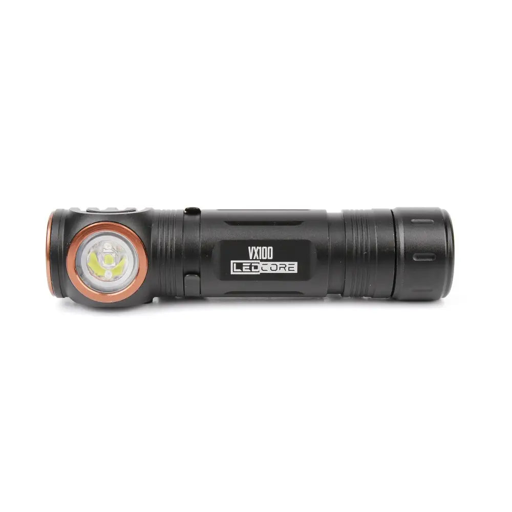 Ledcore vx100 ladattava otsavalo mustalla rungolla ja kuparinvärisellä reunuksella teksturoidulla kahvalla