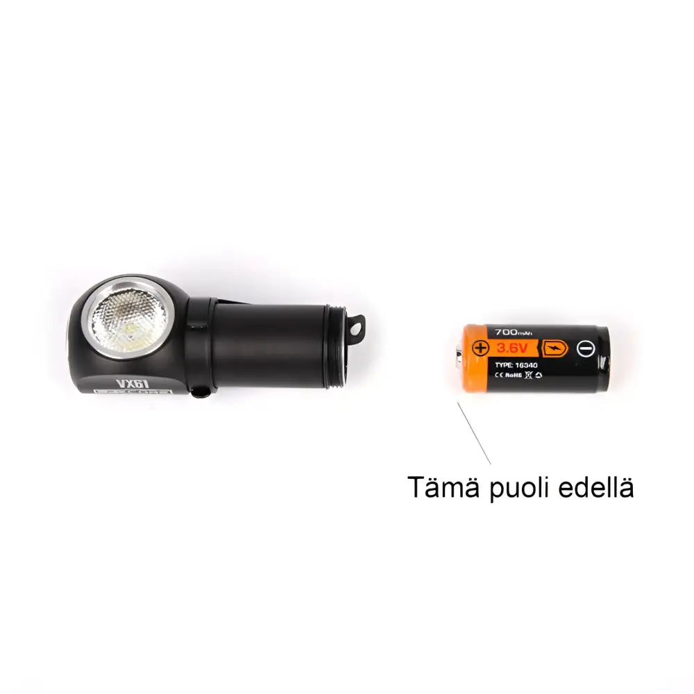 Ledcore vx60 800 lumenin ladattava musta vx61 otsavalaisin pyöreällä linssillä ja teksturoidulla otteella ulkokäyttöön