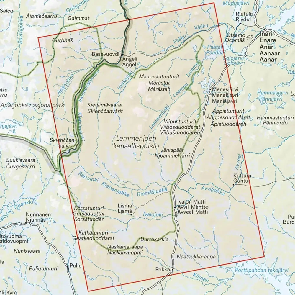 Kartta lemmenjoki 1 25 000 1 100 000 näyttäen lemmenjärven kansallispuiston suojellut alueet ja maastoalueet