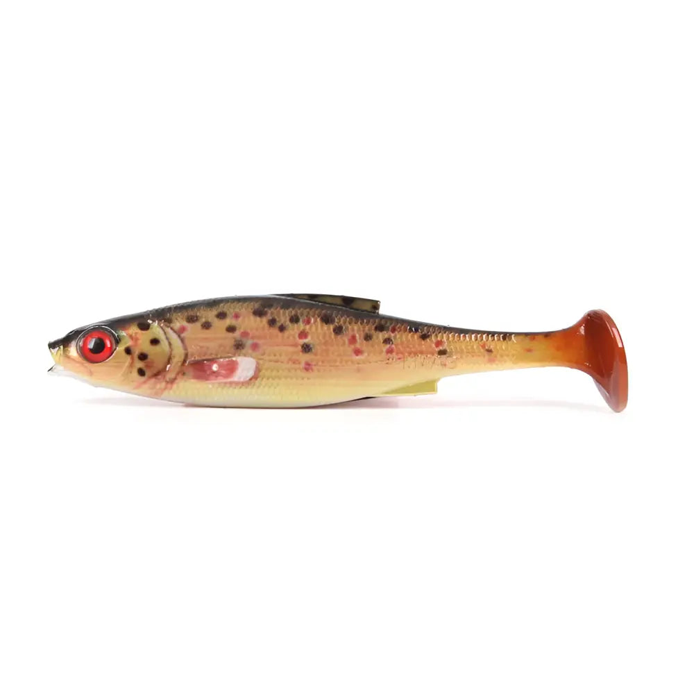 Realistinen lmab køfi roach shad 14cm kalaan viehe kiiltävällä pinnalla ja yksityiskohtaisella punaisella silmällä